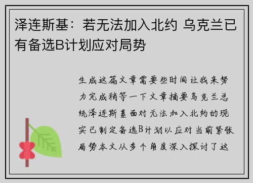 泽连斯基：若无法加入北约 乌克兰已有备选B计划应对局势