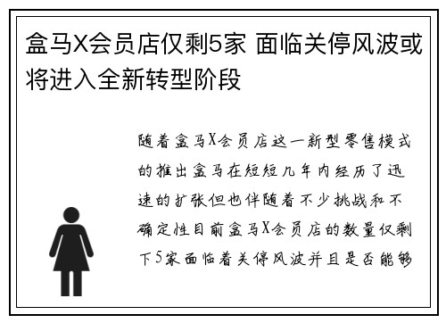 盒马X会员店仅剩5家 面临关停风波或将进入全新转型阶段