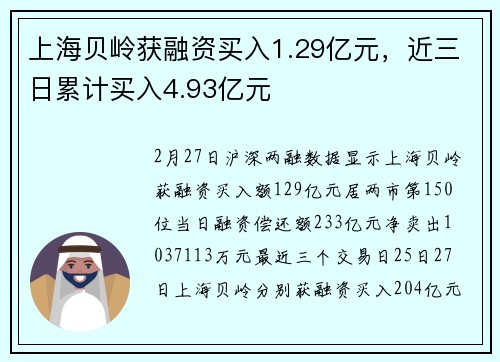 上海贝岭获融资买入1.29亿元，近三日累计买入4.93亿元